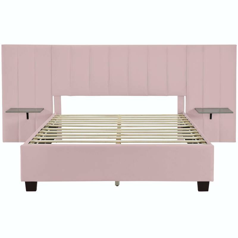 Queen Size Upholstered Platform Bed with Big Headboard