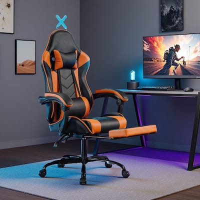 Leather Gaming Chair with Footrest, Massage Lumbar Support and 330lb Capacity