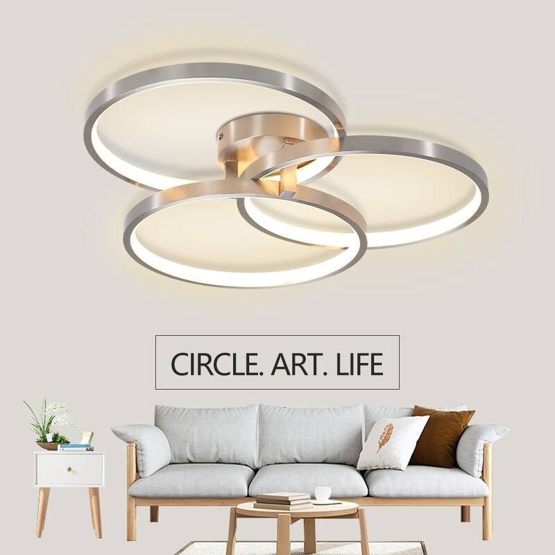 20" Modern LED Ceiling Light Fixture - Circular 3-Ring Design, Dimmable, Contemporary Brushed Nickel Finish for Living Room