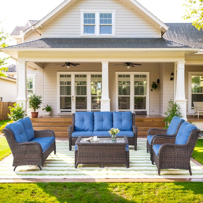 Outside Glider Sofa with Patio Chair and Sofa Ottomans - Blue cushion - Brown - Blue - Brown