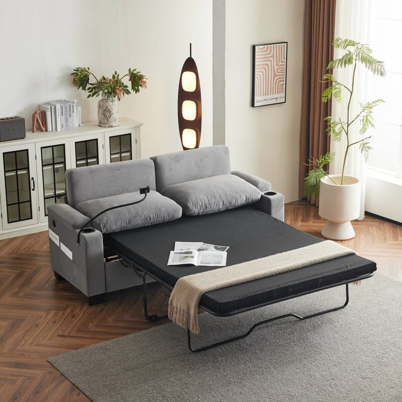 Pull-Out Queen Sofa Bed 73.63" with Memory Foam Mattress, Cup Holders, USB Ports, and Storage Pockets for Small Spaces