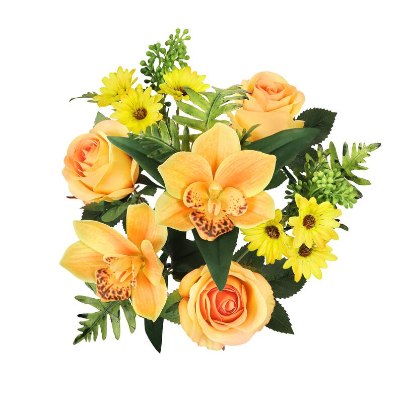 Set of 2 Yellow Orange Artificial Mixed Rose Cymbidium Orchid Daisy Flower Stem Bush Bouquet 16in - 16" L x 9" W x 9" DP