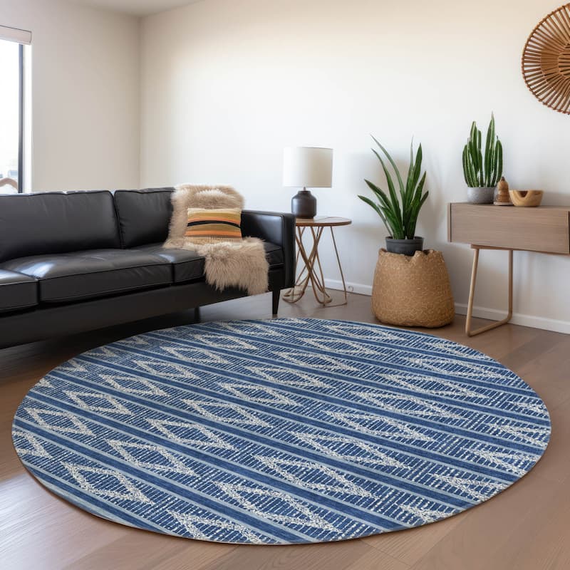 Machine Washable Indoor/ Outdoor Diamond Stripe Chantille Rug - Navy - 8' x 8'