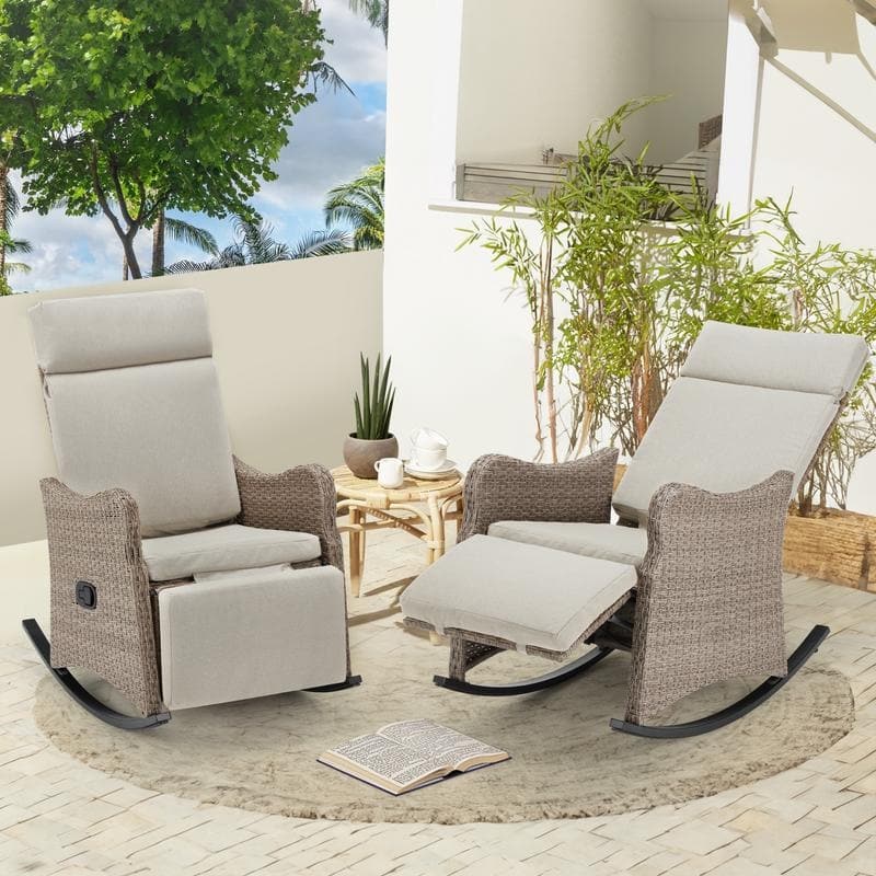 Outdoor Recliner Rocking Chairs with Soft Removable Cushions and Footrests - Beige