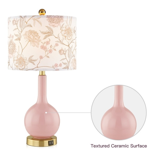 Cinkeda Pink Ceramic Table Lamp with USB Ports Floral Shade 3 Way Dimmable Touch Control Single Nightstand Lamp 24 Modern Gold Bedside Lamps for
