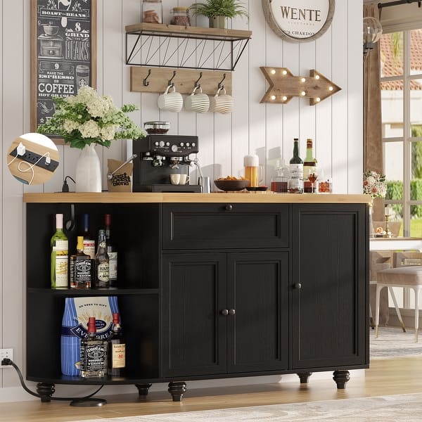 55'' Farmhouse Buffet Cabinet with Charging Station, Coffee Sideboard for Kicthen and Bar - Black&Wood