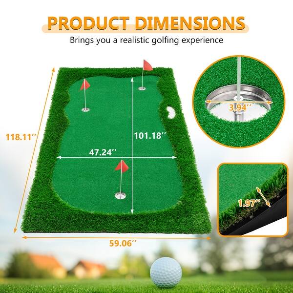 dimension image slide 0 of 2, Green Golf Putting, Golf Training Mat with High-quality Turf, 3 Holes, 3 Flags and Cups for Indoor & Outdoor