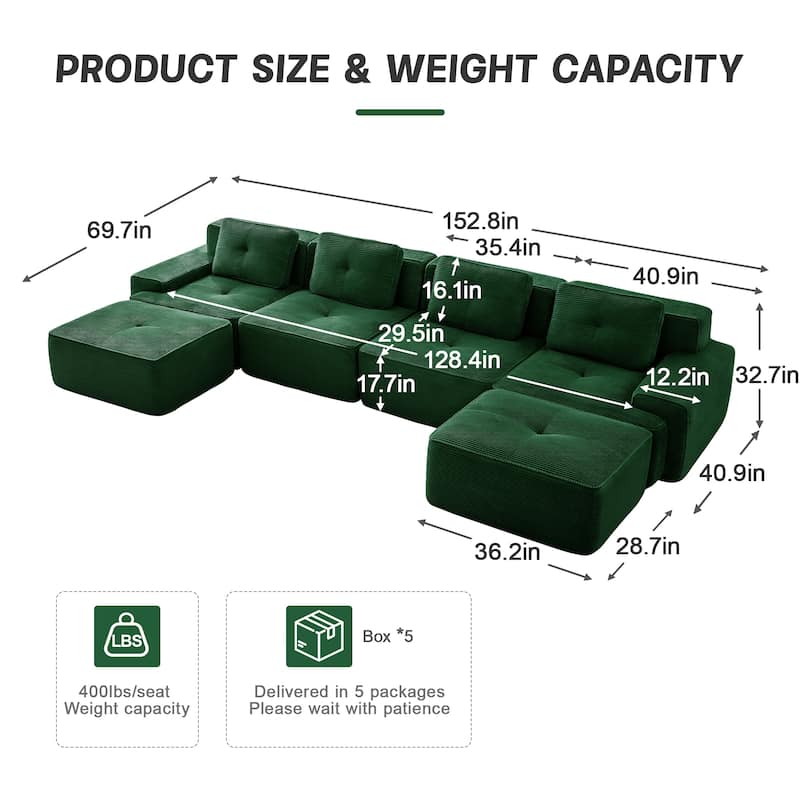 153" Modular Corduroy Sectional Sofa, U-Shaped Couch with Ottoman