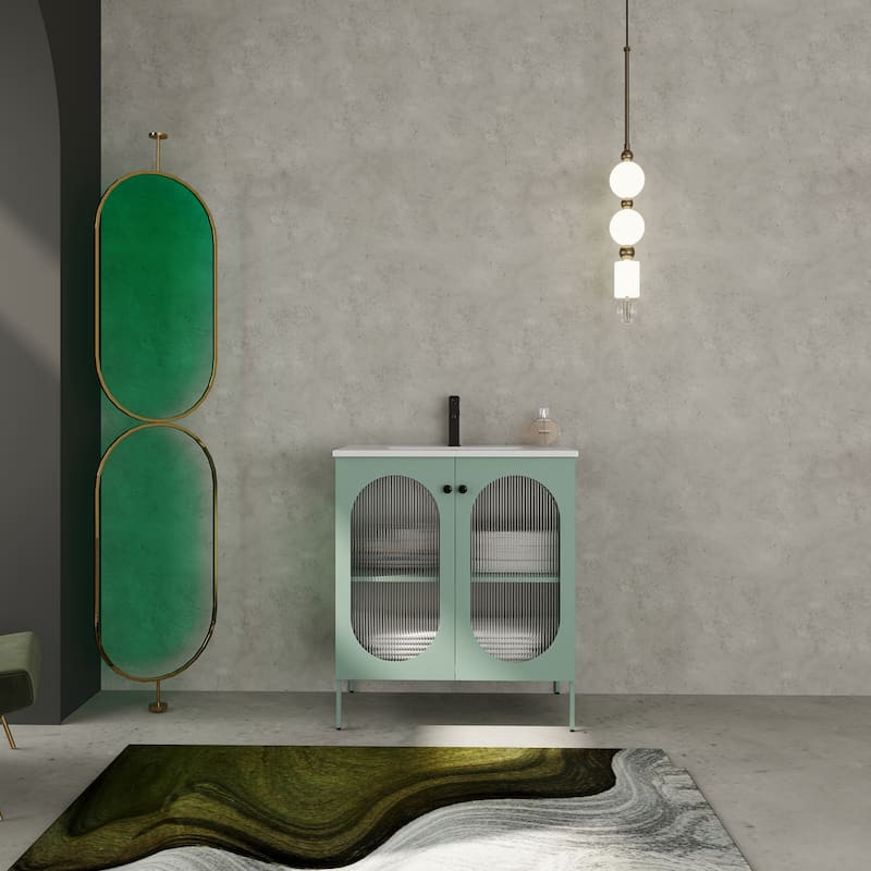 30 inch Plywood Freestanding Bathroom Vanity with Integrated Ceramic Sink - Mint Green