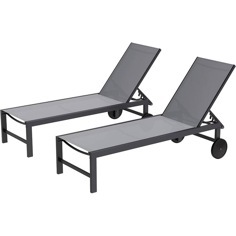 Futzca 2 PCS Outdoor Chaise Lounges Chair with Wheels and 5 Adjustable Position - Light Grey