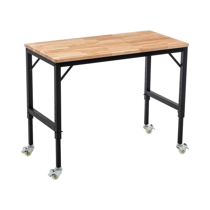 Industrial Workbench Desk with Adjustable Height and Heavy Duty Wheels for Garage and Workshop or Home Office Use