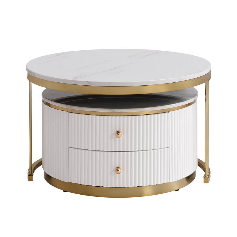 Roomfitters Modern 2-Piece White Round Nesting Coffee Table Set with Gold Base and Storage Drawers 27.6"