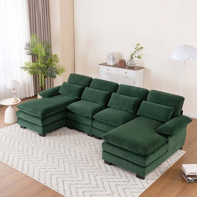 U Shape 111.8"Modern Comfort Combination Sectional Sofa,4-seat Velvet Fabric Upholstered Sofas with Chaise Lounge & Pillows