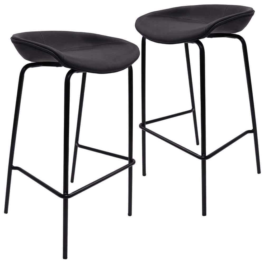 Servos Leather Upholstered Saddle Barstool with Solid Black Metal Iron Frame and Footrest for Home Kitchens, Bars (Set of 2)