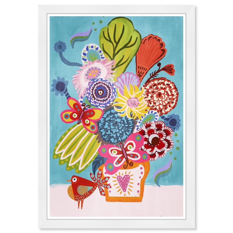 "Colorful Floral Butterflies", Boho Birds and Flowers Modern Blue Framed Wall Art Print for Bedroom - 15 x 21 - White