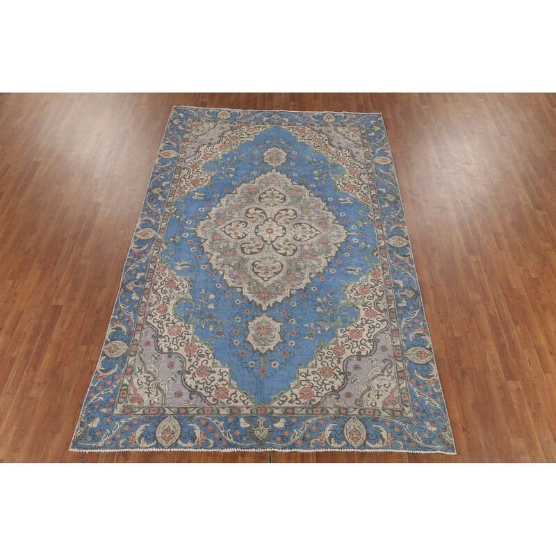 Distressed Blue Tabriz Persian Vintage Rug Hand-Knotted Wool Carpet - 6'10"x 10'8"