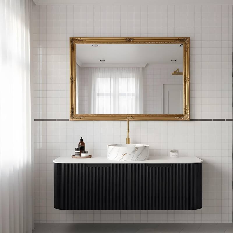 Floating Bathroom with Round Ceramic Basin and Storage Drawer
