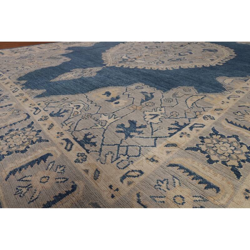 Blue Geometric Oushak Large Rug Hand-Knotted Wool Carpet - 9'10"x 13'10"