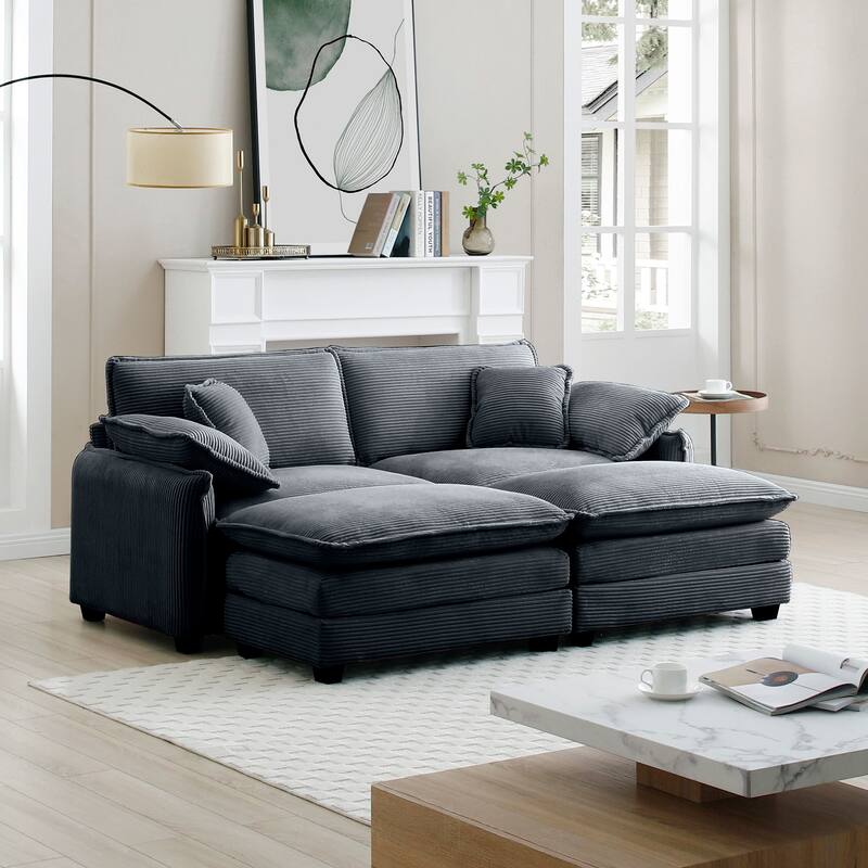 4-Piece Corduroy Modular Sleeper Sectional Sofa with 2 Ottomans & 4 Pillows