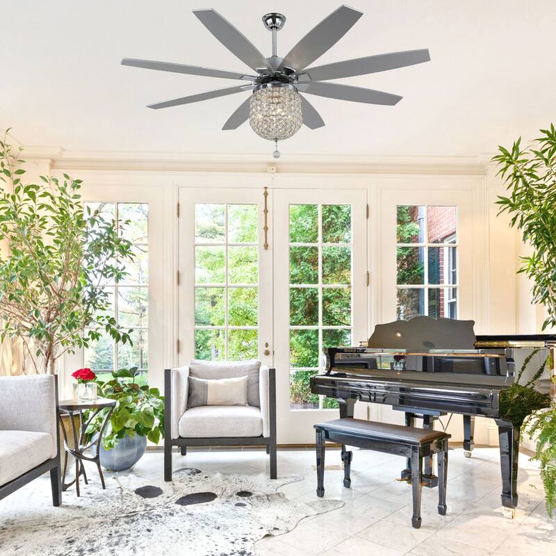 Cusp Barn 65" Chrome Ceiling Fan with Light and Remote,Gorgeous Crystal Fixture,Modern Reversible Fan Light,6 Speeds Quiet Motor
