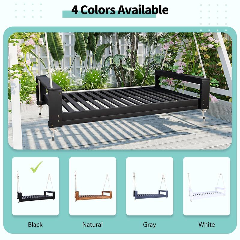 Twin Size Porch Swing Bed Seating Group, Patio Acacia Wood Swing Frame with Hemp Rope
