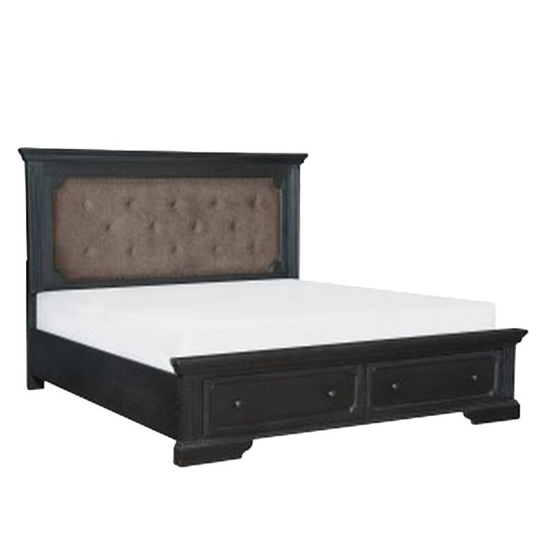 Aly Four Pc Queen Bedroom Set, Brown Polyester Upholstery, Storage Footboard, Gray