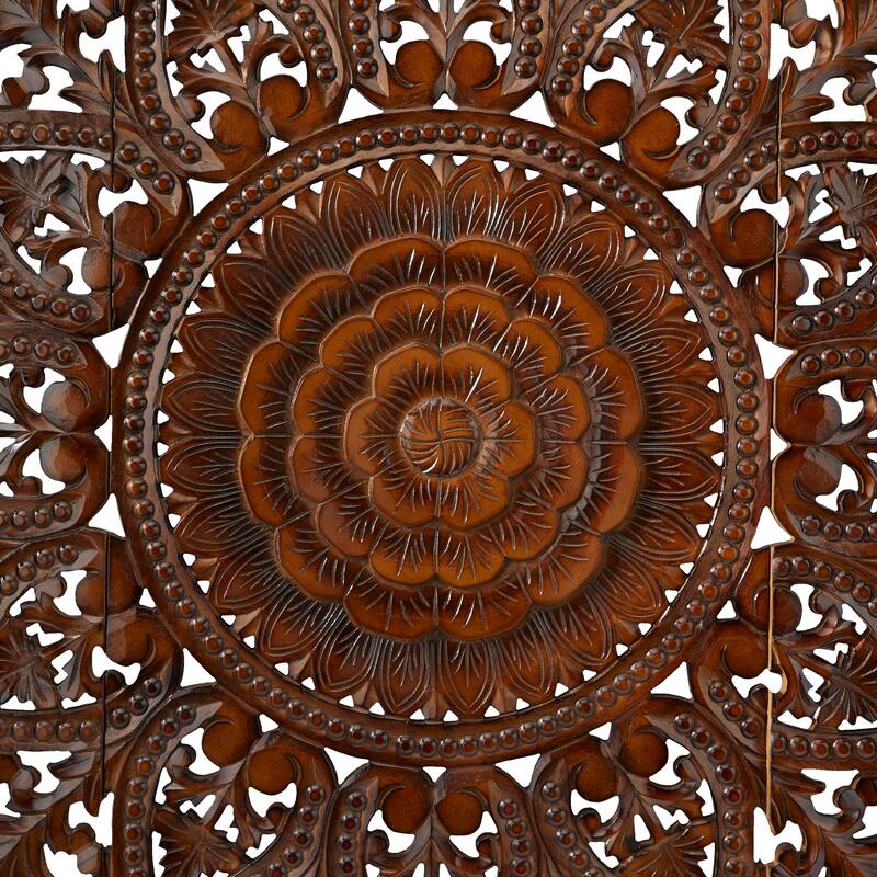 Wooden Handmade Intricately Carved Floral Wall Decor with Mandala Design (Set of 3) - Brown or White