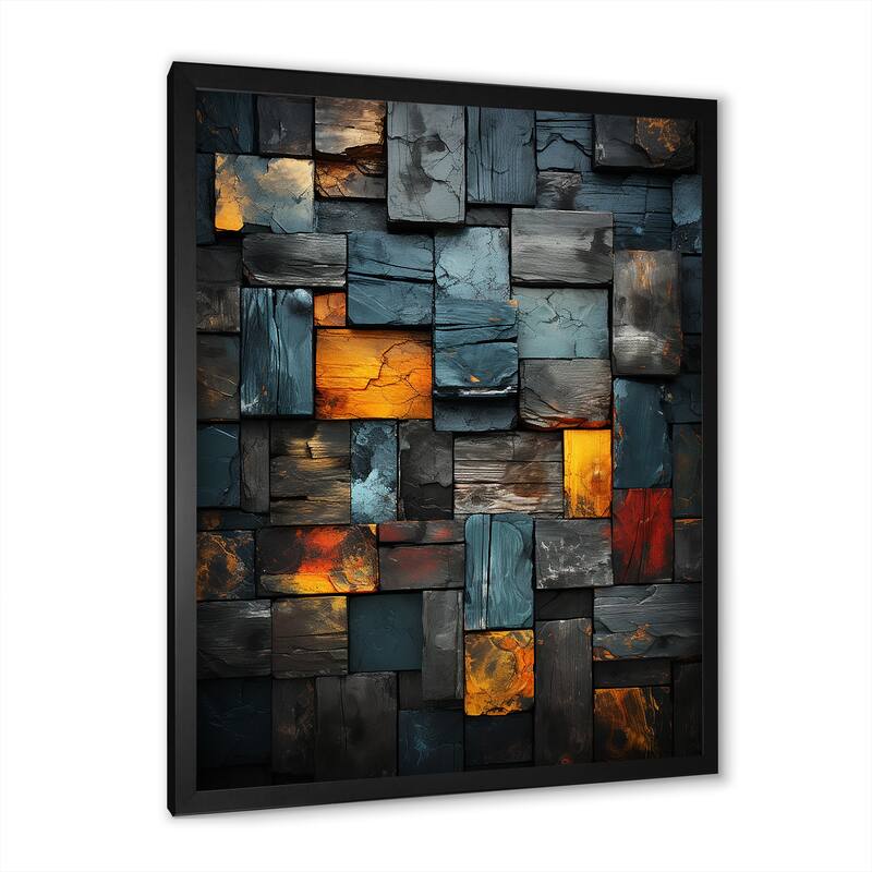 Designart "Grunge Gold Cubes Abstract Geometric VII" Abstract Tile Wall Decor Gold Modern Living Room Framed Canvas Art