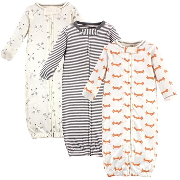 slide 1 of 1, Touched by Nature Baby Boy Organic Cotton Zipper Long-Sleeve Gowns 3pk, Fox 0-6 Months - Fox