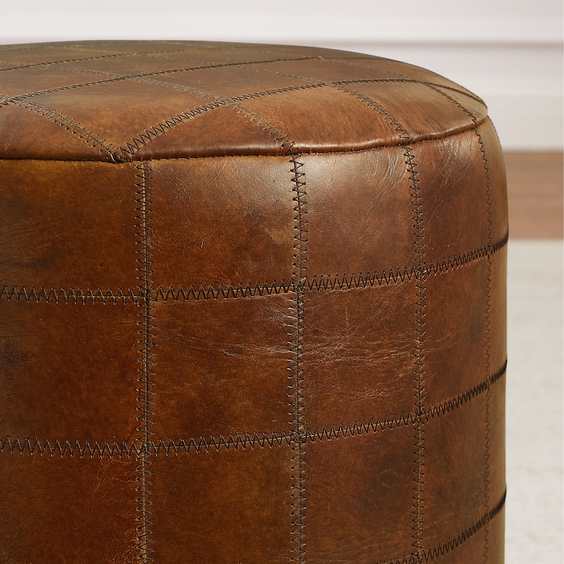 Art Leon Vintage Genuine Leather Ottoman Footstool with Checkered Stitching