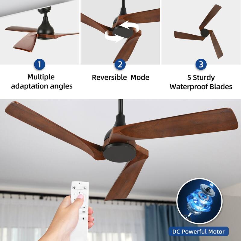 Moasis 52" Ceiling Fan with 3 Solid Wood Blades and Remote Control No Lights