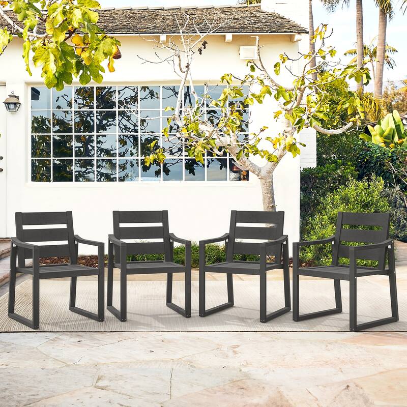 All-Weather Set of 4 Outdoor Armchair with Curved Back Plastic Wood Patio Dining Chair - Dark Grey