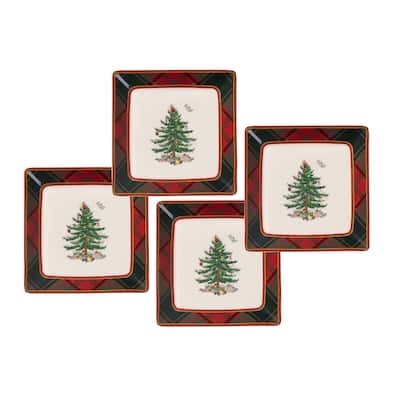 Spode Christmas Tree Set of 4 Tartan Tidbit Plates - 5 inch