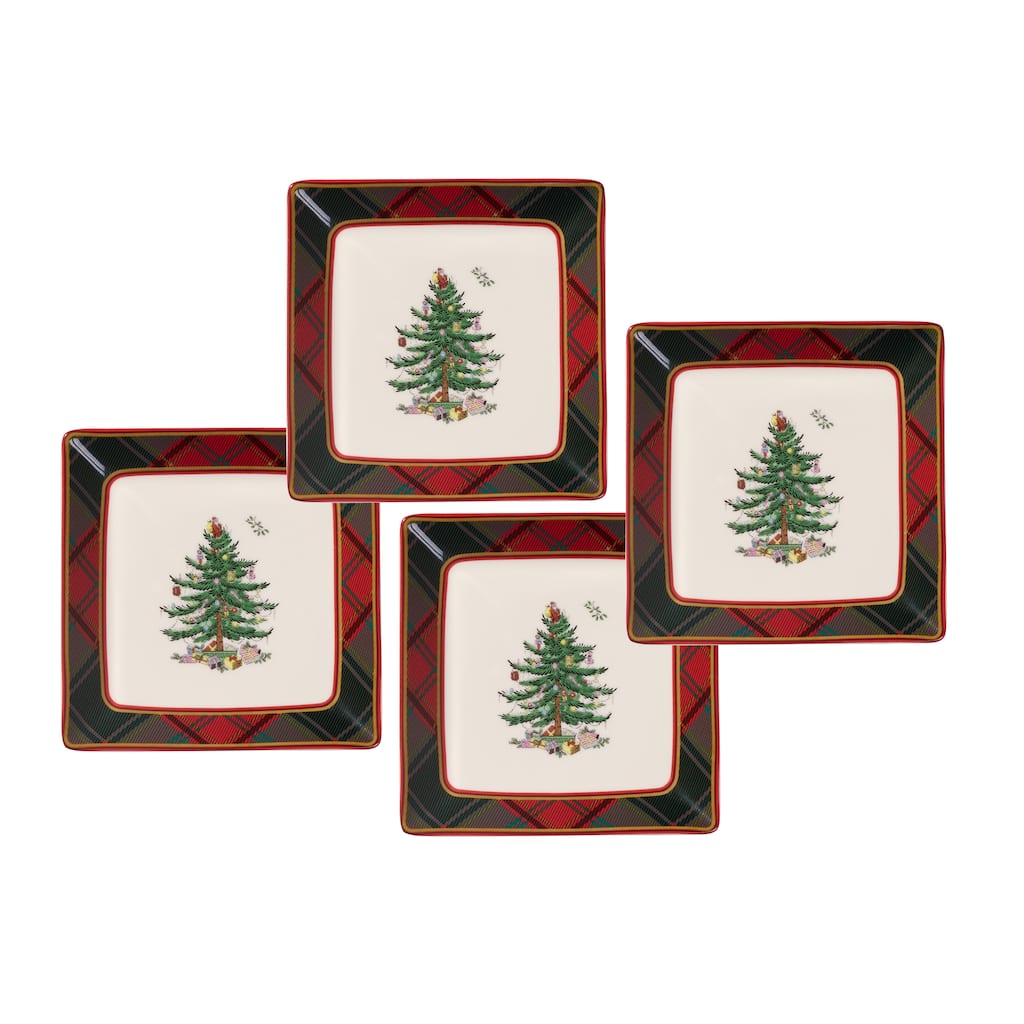 Spode Christmas Tree Set of 4 Tartan Tidbit Plates - 5 inch