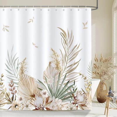 Boho Fall Leaves Shower Curtain Tan Palm Leaf Floral Decorative Bath