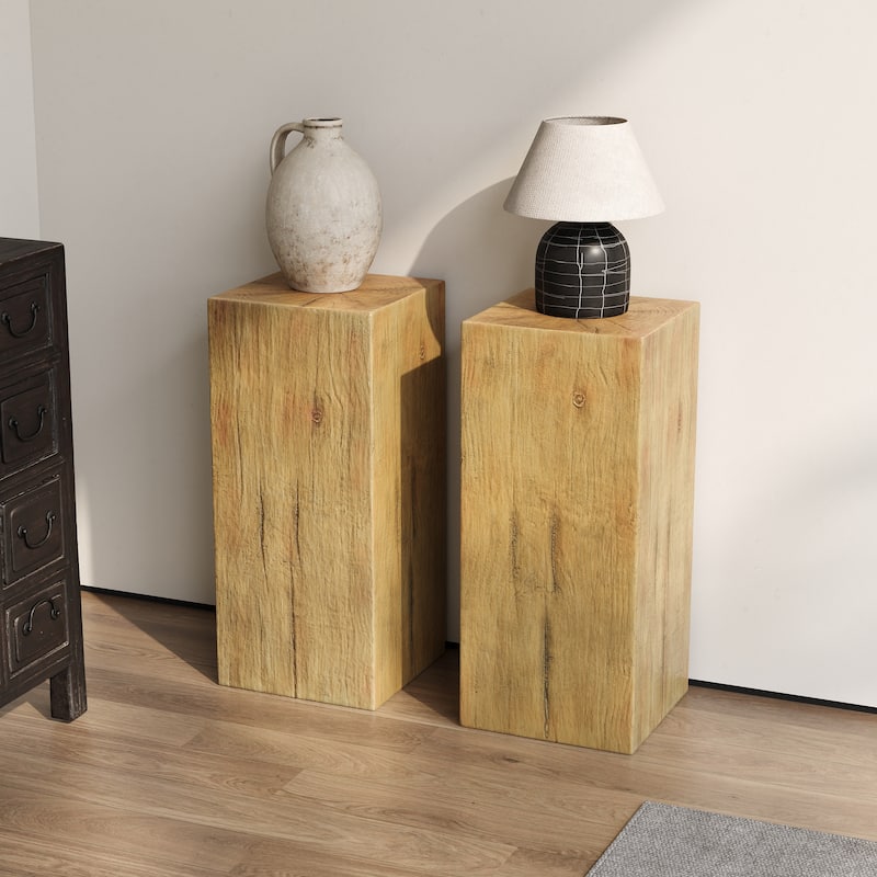 Distressed Wood-Effect End Table • Square Column Design in Multi-Height Set • Weather-Resistant for Indoor & Outdoor Decor