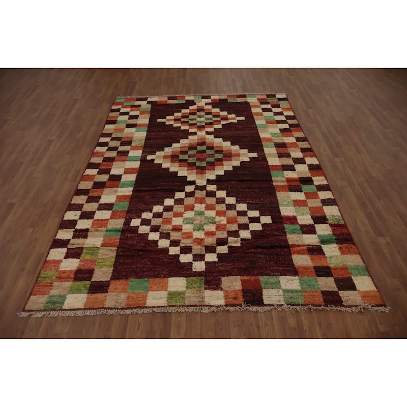 Hand Knotted Oriental 100% Wool Carpet Modern Geometric Red Moroccan Area Rug - 9' 11'' X 7' 0''
