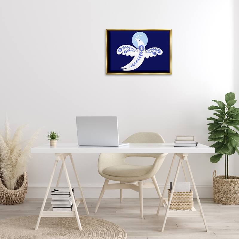 Stupell Peace Dove with Folk Florals Framed Floater Canvas Wall Art Design By Hannah Moren