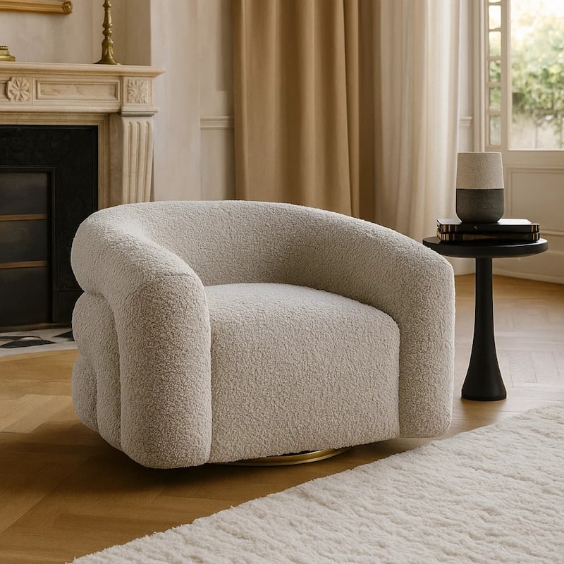 Dera Swivel Accent Chair, Sculpted Barrel Back, Foam Fill, Gray Boucle