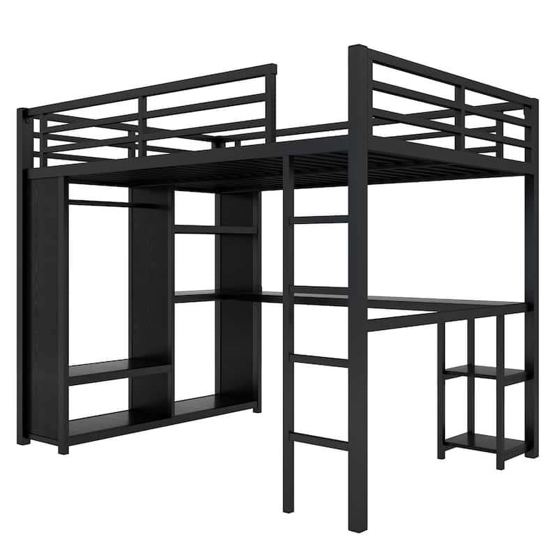 Black Metal Loft Bed Frame with Built-in Wardrobe, Desk and Shelves