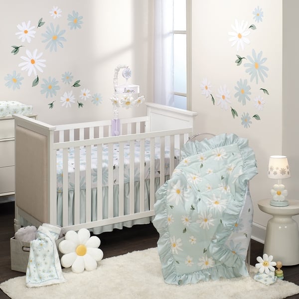 slide 2 of 9, Lambs & Ivy Sweet Daisy Blue/White 3-Piece Floral Baby Crib Bedding Set