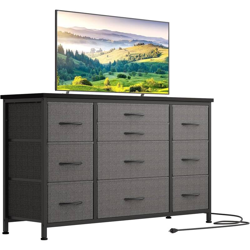 55 Inch Dresser TV Stand with Charging Station and Wood Tabletop - Grey
