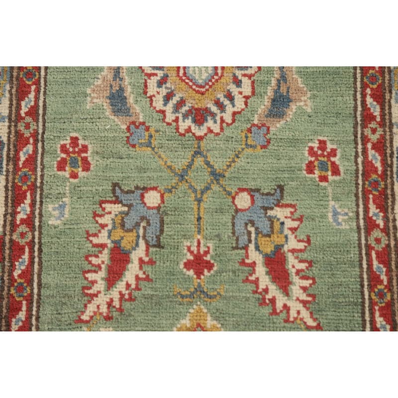 Floral Kazak Runner Rug Handmade Green Wool Carpet - 2'2" x 5'11"