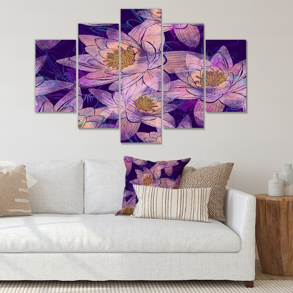 Five Part 5 Canvas Purple Wall Art Floral Pictures Prints 5071 