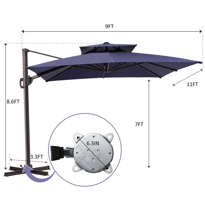 9x11FT Outdoor Patio Dual Top Umbrella Cantilever with Offset Base