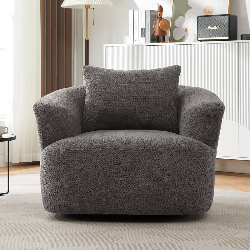 360° Swivel Chair, 38.2" Boucle Accent Chair with Throw Pillow, Upholstered Barrel Sofa Chair with Curved Armrests