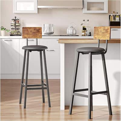 Black-Brown PU Leather Metal Bar Stool Set of 2 with Curved Back and Footrest - 11"D x 11"W x 37.8"H