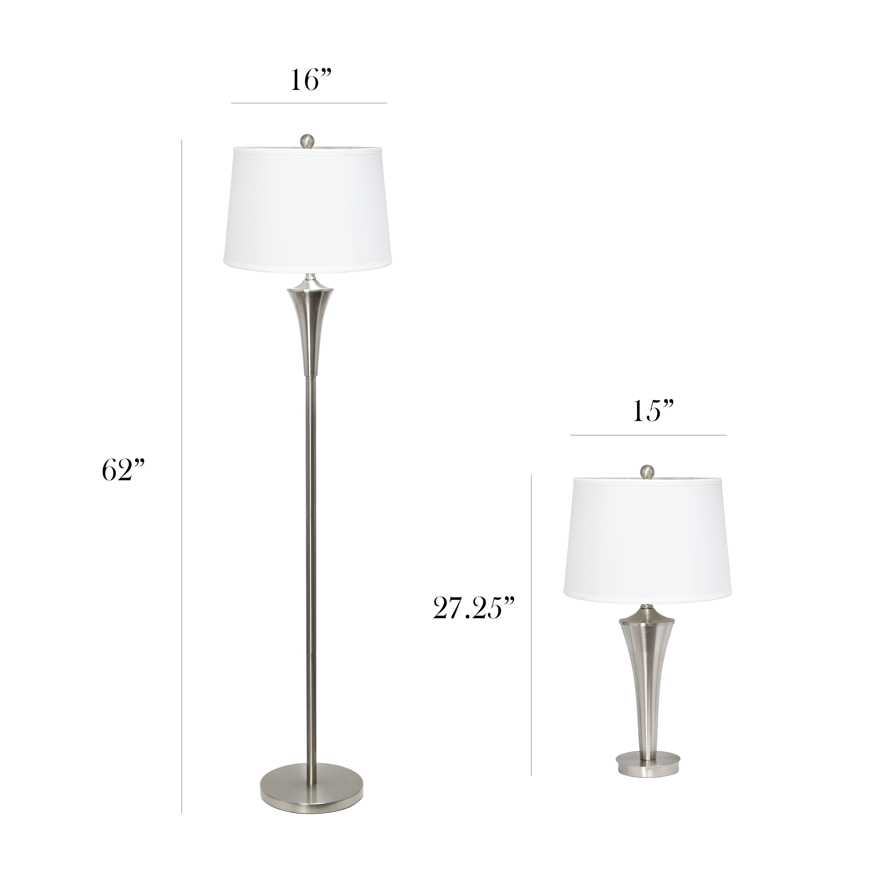 Elegant Designs Tapered 3 Pack Lamp Set 2 Table Lamps 1 Floor With White Shades Brushed Nickel 29561750 Lamp Set 2 Table Lamps 1 Floor