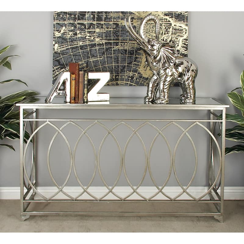 Silver Metal Geometric Console Table with Mirrored Glass Top - Silver