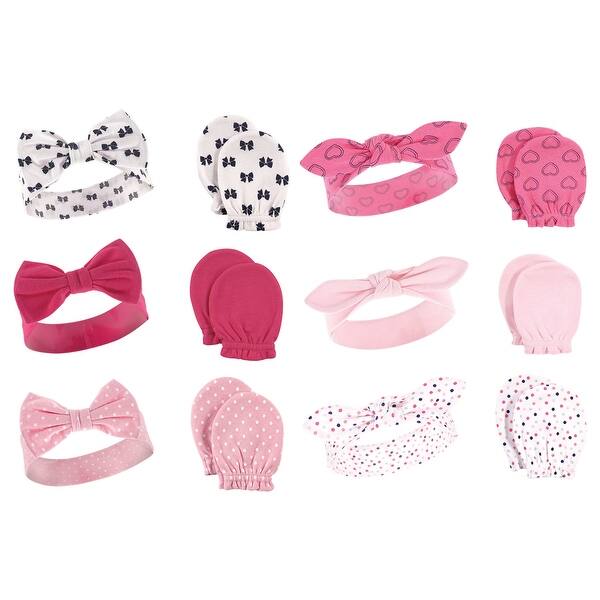 slide 1 of 1, Hudson Baby Infant Girl 12Pc Cotton Headband and Scratch Mitten Set, Bows Navy Hearts, 0-6 Months - Bows Navy Hearts Bows Navy Hearts - 0-6 Months